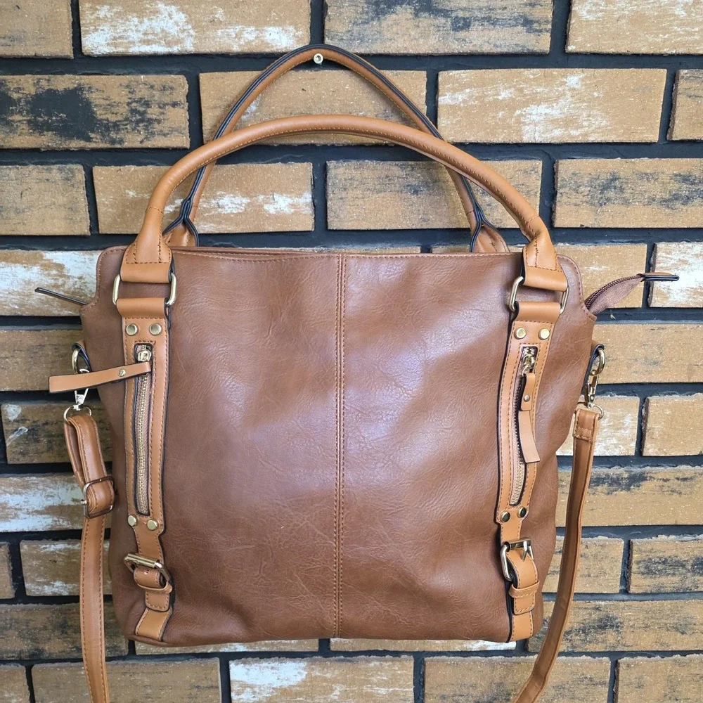New Brown Soft Faux Leather Elegant Hobo Tote Bag with Crossbody Strap for Women